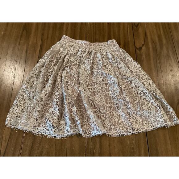 Anthropologie HD in PARIS Champagne Silver Metallic Lace Eyelash Hem Skirt Sz 0 - Picture 9 of 14